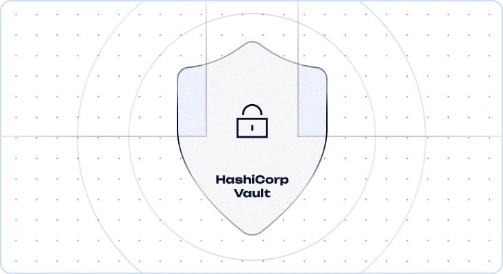 Shield with an open padlock and a HashiCorp Vault caption on a background of dots and concentric circles.